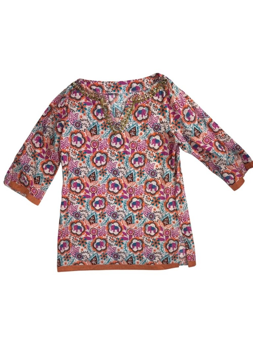 Women’s Boho Floral Medallion Tunic Top Beaded V Neck 3/4 Sleeve Resort Festival - Picture 4 of 12